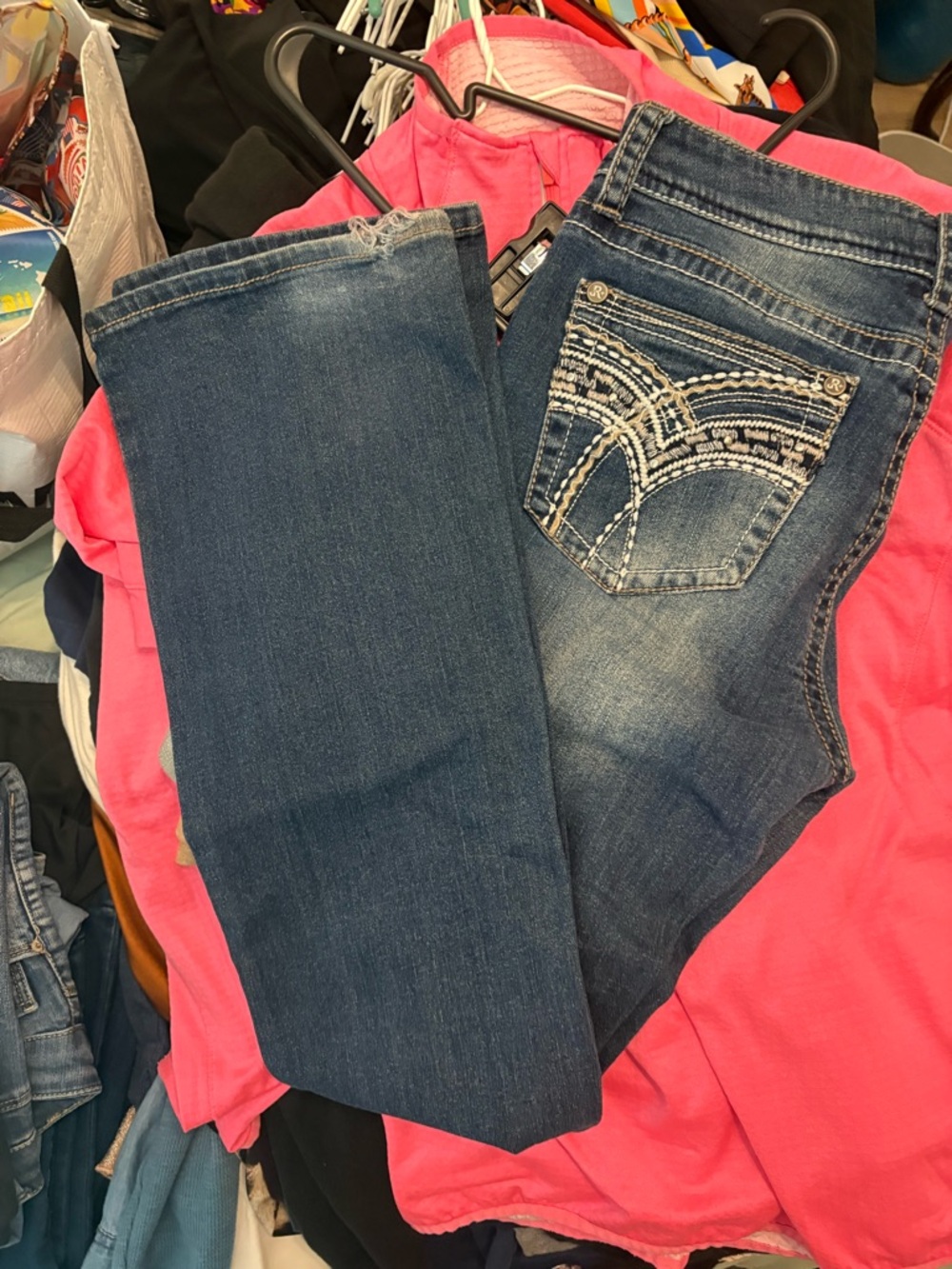 Embellished Pocket Dark Blue Boot Cut Jeans